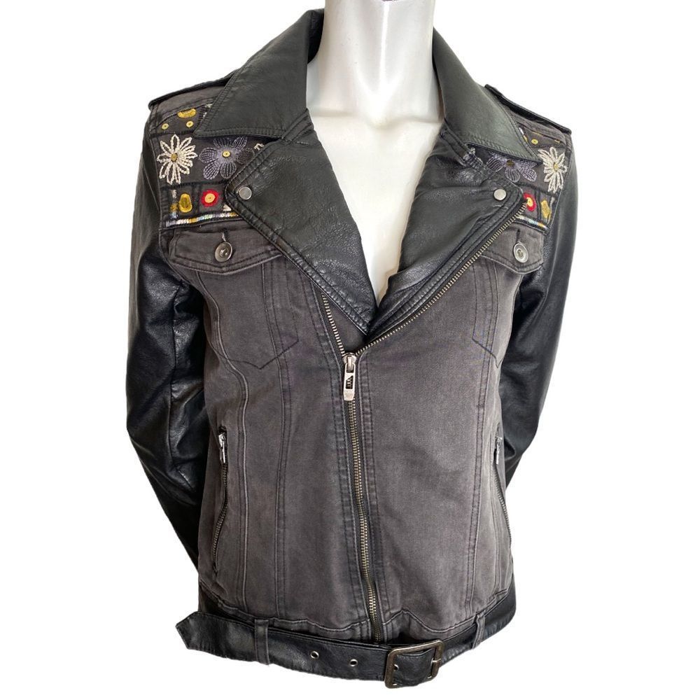 Desigual Black Floral Embroidered Mixed-Media Moto Jacket